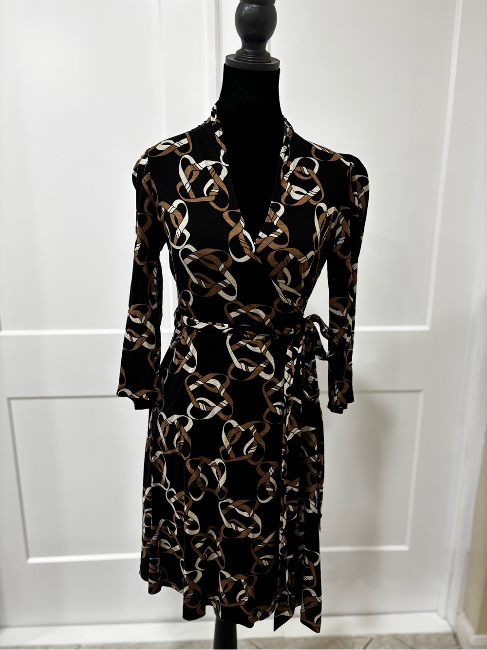 Banana Republic Black Wrap Dress with Brown and Cream Chain Print